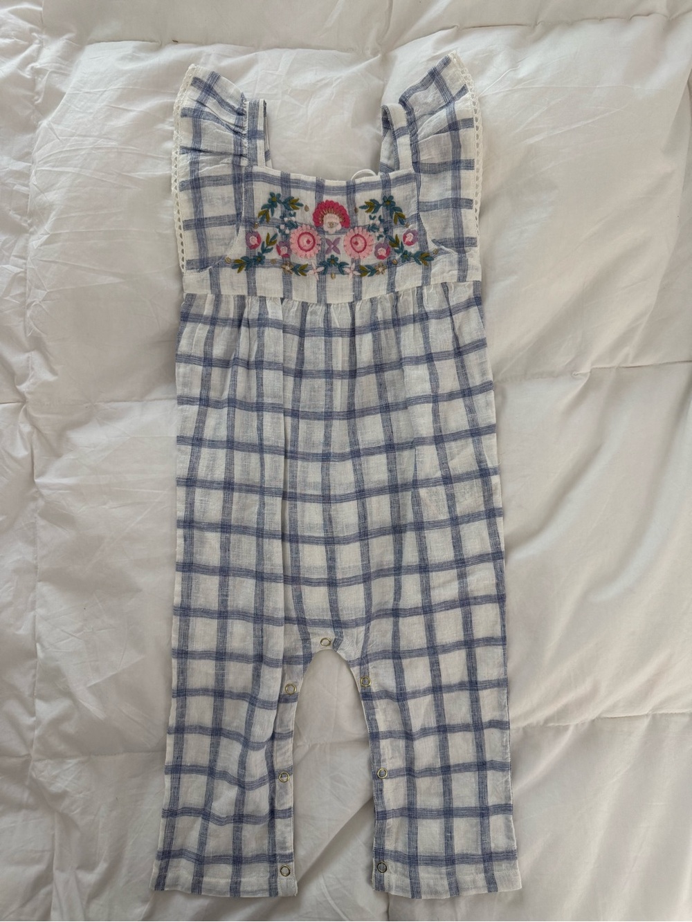 Girls Blue Plaid Embroidered Strap Romper